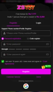 ZS777 Game Registration Page