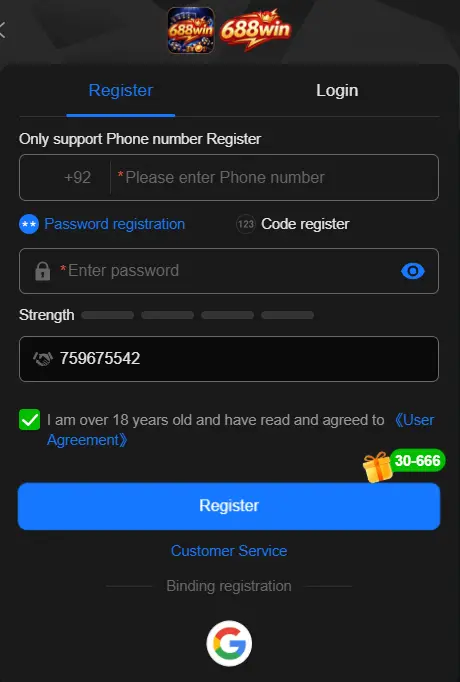 688Win Game Registration Page